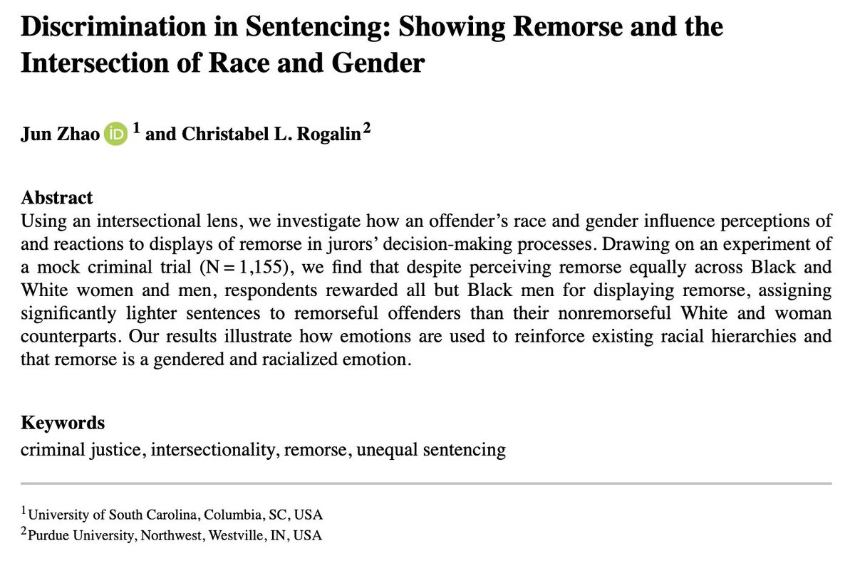 Check out our new OnlineFirst article! “Discrimination in Sentencing: Showing Remorse and the Intersection of Race and Gender” in #SPQ! @ASASocPsych @RaceGenderClass @JunZhao08138432 journals.sagepub.com/doi/full/10.11…