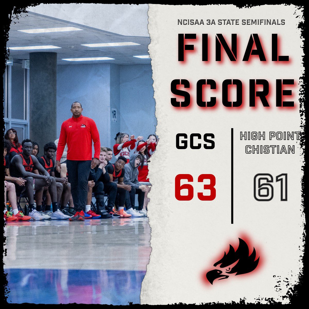 EAGLES WIN. STATE CHAMPIONSHIP ON SATURDAY. 1 PM @ RAVENSCROFT. BE THERE. 

Gabby Mabor Marier 22P, 14R, 5B
Cam Newman 16P, 5A, 5S, 4R
Joe Rhyne 9P, 3A, 2R
Dario Williams 7P, 4R
Doug Adiok 4P, 8R
Rilpuou Mabor Marier 3P, 3R
Jeremy Duhon 2P
Dillon Joy 2R

🦅🏀