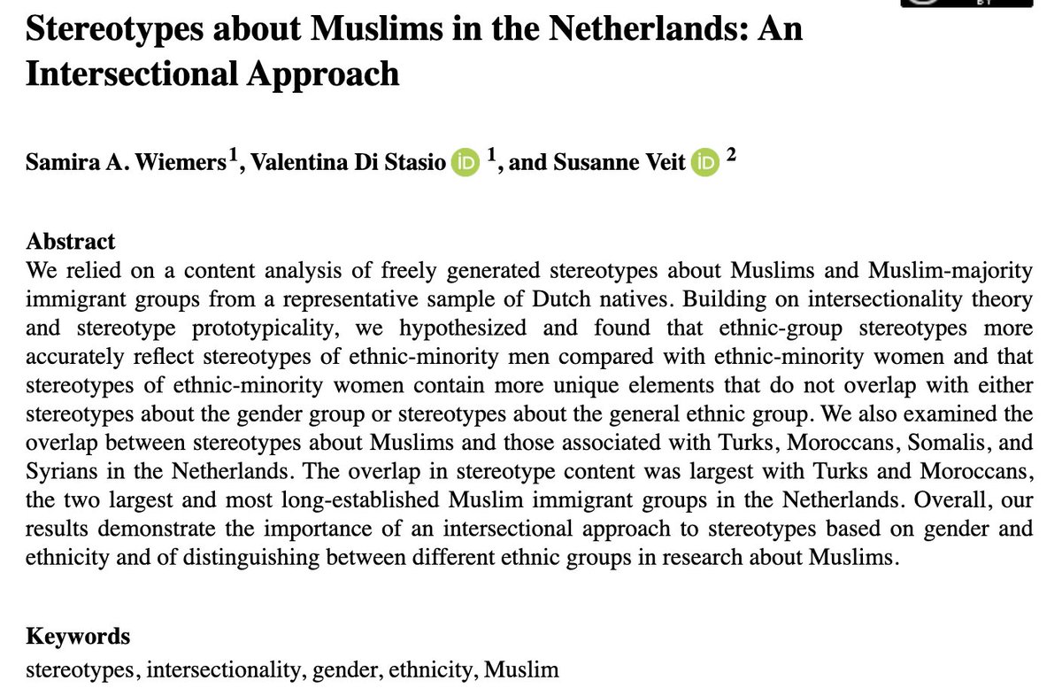 Check out our new OnlineFirst article! “Stereotypes about Muslims in the Netherlands: An Intersectional Approach” in #SPQ! @ASASocPsych @SREJournal @distasio_val @SREJournal journals.sagepub.com/doi/full/10.11…