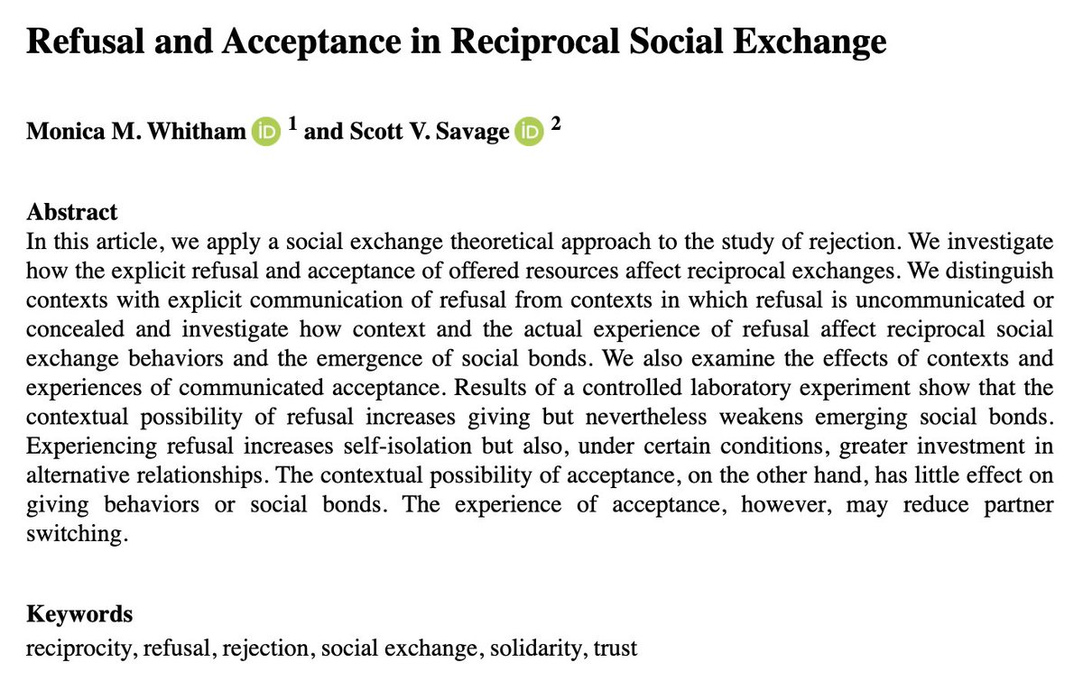 Check out our new OnlineFirst article! “Refusal and Acceptance in Reciprocal Social Exchange” in #SPQ! @ASASocPsych journals.sagepub.com/doi/full/10.11…
