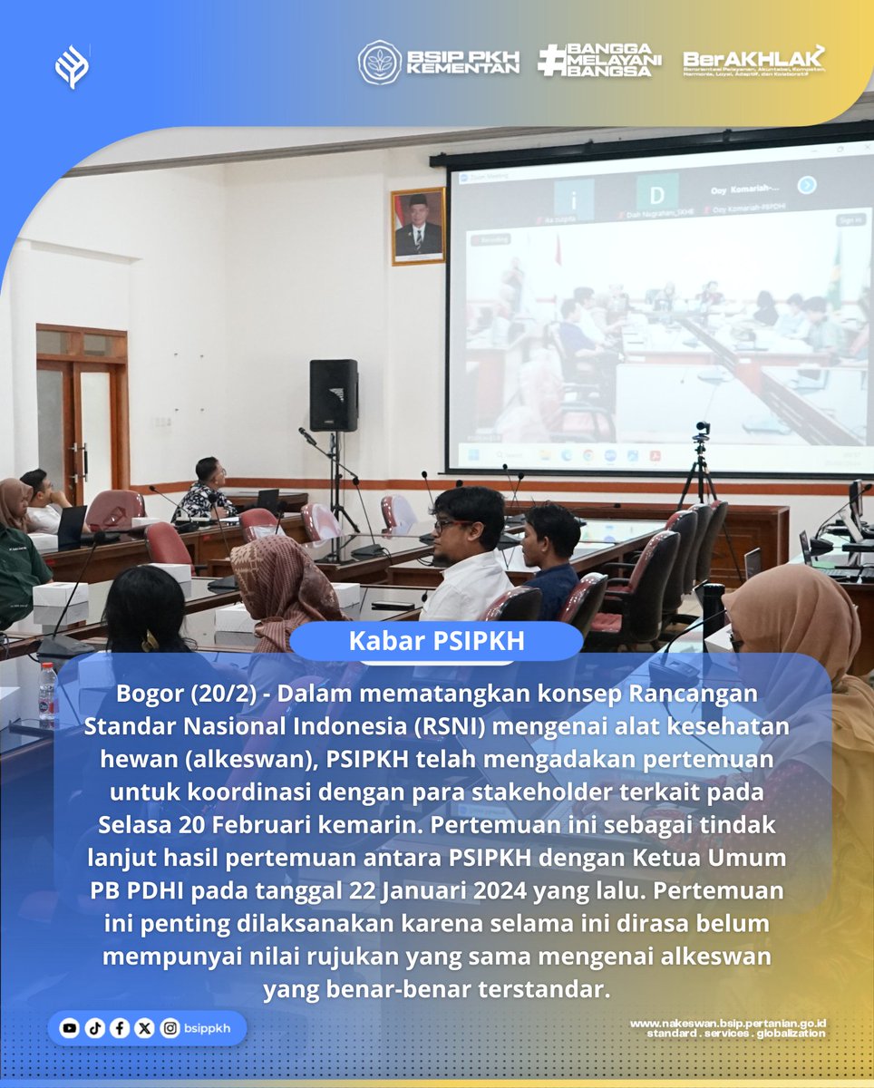 brmppkh's tweet photo. Hai SobaTani!
Selasa (20/2) PSIPKH mengadakan pertemuan yang membahas konsep awal Rancangan Standar Nasional Indonesia (RSNI) mengenai Alat Kesehatan Hewan dengan para stakeholder terkait.
#psipkh
#kementan
#kabarPSIPKH
#alkes #alkeswan
#keswan https://t.co/SkDjI6tcqc