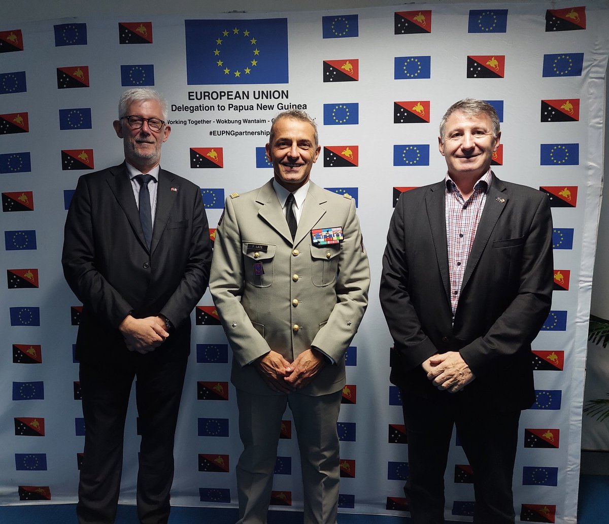 EU and France Ambassadors discuss the potential of boosting bilateral security relations with PNG while welcoming Brigadier General Yann Latil, military Commander of the French Armed Forces in New-Caledonia on a three-day visit to Port Moresby. @FranceinPNG