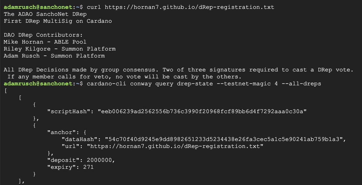 Members of @ADAOcommunity just registered the first Multisig DRep with a script hash on #Cardano Sanchonet. Shout out to Riley @ILikeCardano for the native script code and Mike @Hornan7 for building and submitting the transaction! Proof of registration available on SanchoNet.