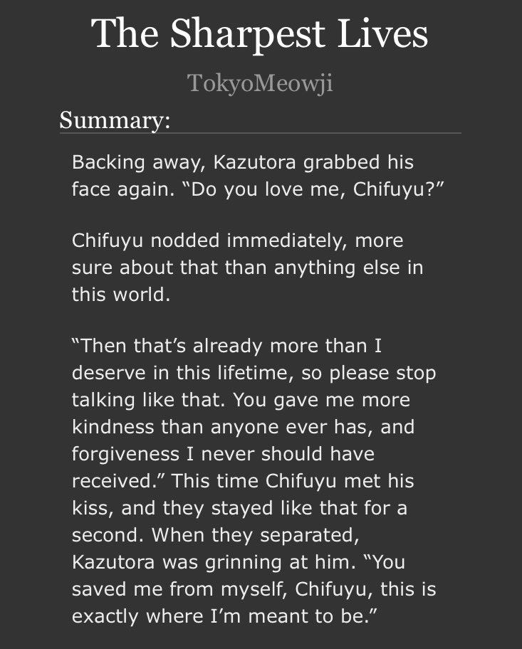 The Sharpest Lives - ToraFuyu 🐯❄️
Rated M, 12.6K

Bad Toman TL, but what if Tora made it? 

I have been so insanely lucky to have gotten to collab with <a href="/eyydneww/">Wendy ( ✌︎'ω')✌︎ ✨💕</a> for our piece with <a href="/TRreversebang/">Tokyo Revengers Reverse Bang (test run)</a>!

Please check out my fic inspired by their wonderful art - archiveofourown.org/works/53958016