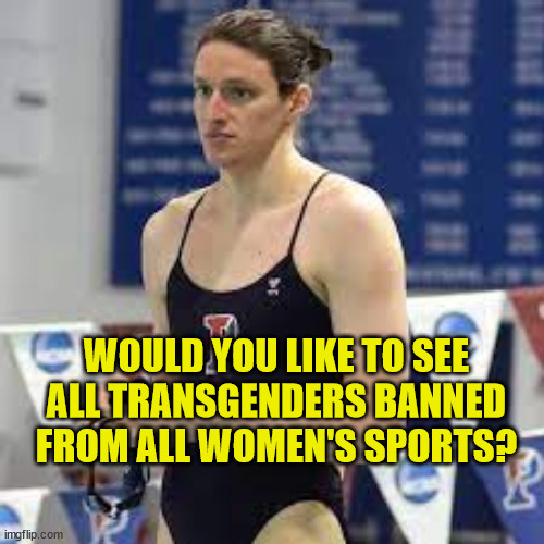 Would you like all transgenders banned for women's sports?
I say yes. Women's sports are meant for real women!