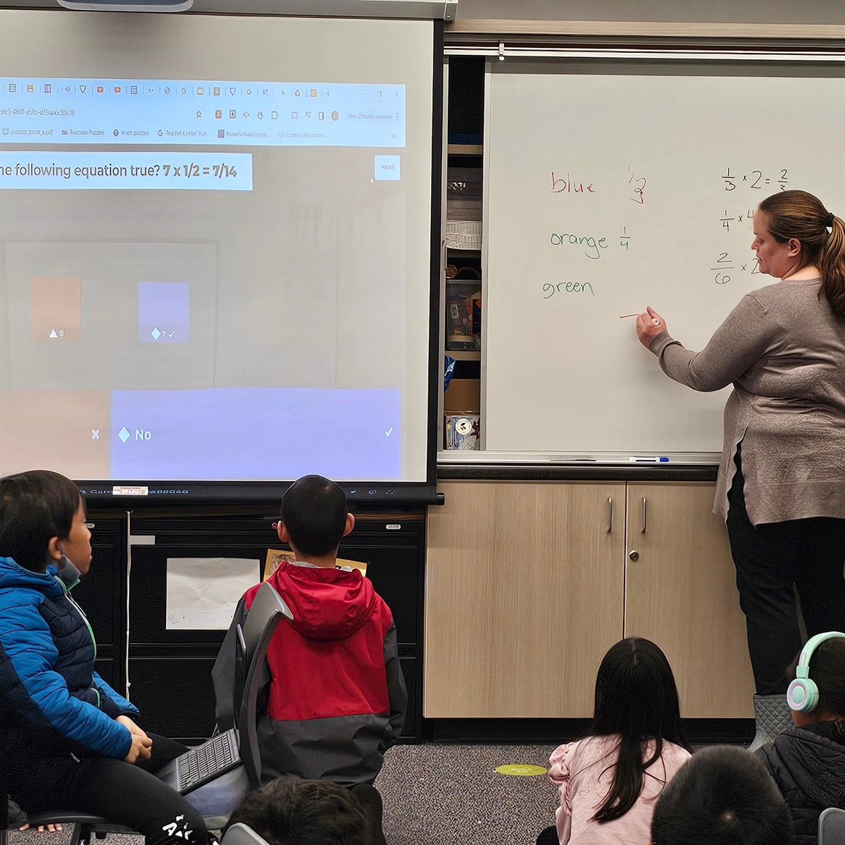 collegewood_el's tweet image. Mrs. Zimmerman's class were so engaged during math. They used fraction pieces to create number sentences, then demonstrated their learning with a Kahoot! #cultivatebelonging🌱 #mathinstruction