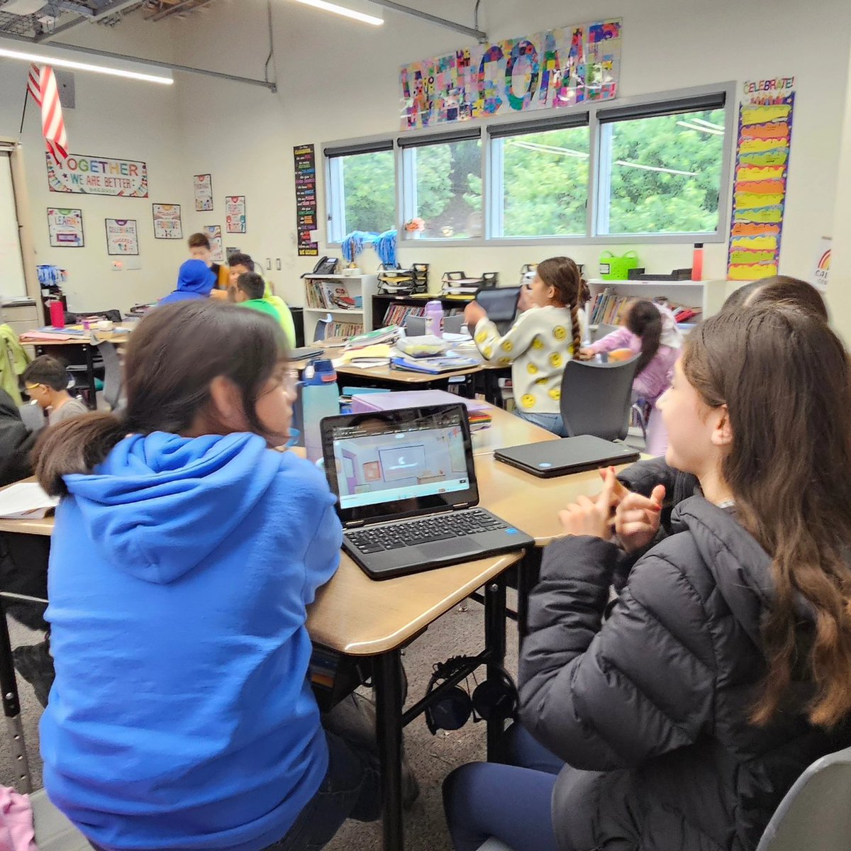 collegewood_el's tweet image. Mrs. Zimmerman's class were so engaged during math. They used fraction pieces to create number sentences, then demonstrated their learning with a Kahoot! #cultivatebelonging🌱 #mathinstruction