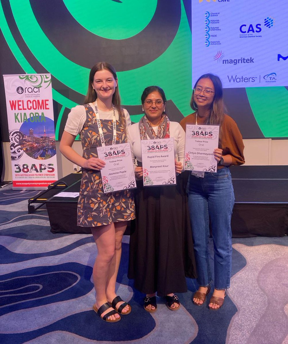 THANK YOU @RACInational Polymer Division for the wonderful honour of receiving a Trealor Prize at #38APS! 🩵 Appreciate all you do to support the ECRs in our community. Congrats fellow SA award winners Jasmine & Preet, and to the organizing committee for an amazing conference 🥰