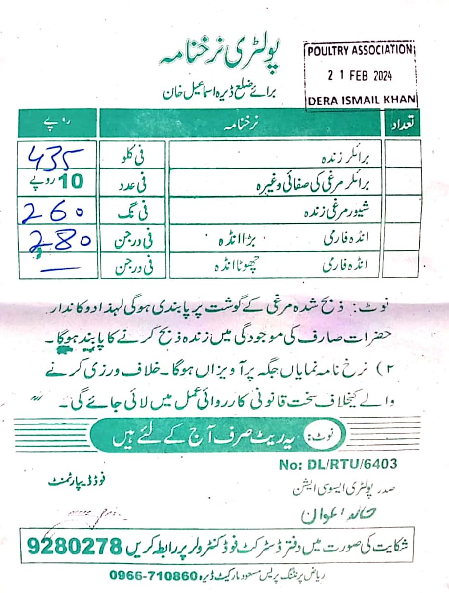 DfcDikhan's tweet photo. Price lists of Fruits, Vegetables &amp; Poultry as fixed by Food Department D.I.Khan today on 21-02-2024. https://t.co/ZAFE142mSr