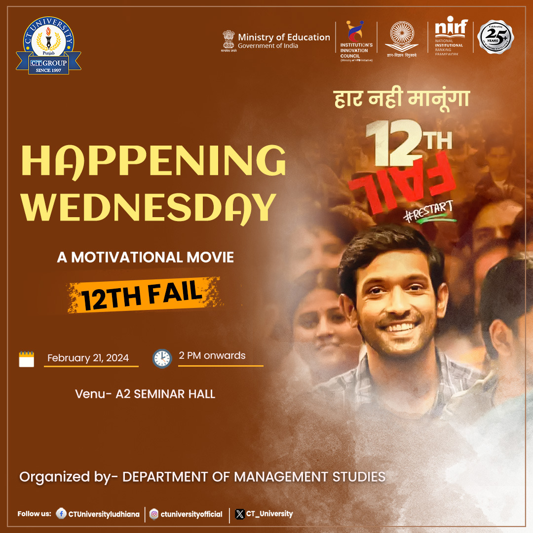 CT_University's tweet photo. π Happening Today! π
#Join us for a special screening of a #motivational movie titled "12th Fail" organized by the Department of #Management_Studies.
Don't miss this #opportunity to be inspired and uplifted. See you there!
#CTU #MotivationalMovie #admissionsopen #CTians https://t.co/XFpbz9uSDz