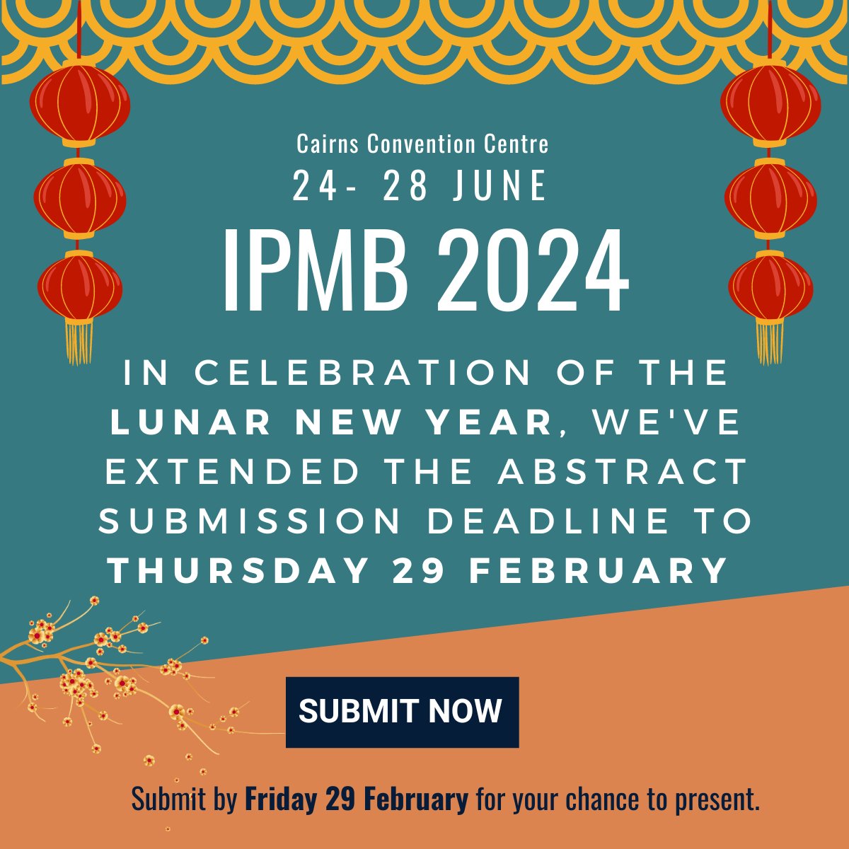 In celebration of the Lunar New Year the #IPMB2024 abstract submissions deadline has been extended to 29 February! There’s still time to submit, visit ipmb2024.org for more information.
