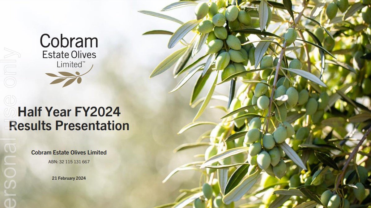 Robust demand for CBO’s extra virgin olive oil, combined with the impact of brand marketing activities, drove a 59% increase in sales revenue and a 198% increase in cash flow from operations in 1HFY24 (versus 1HFY23). Click here to view our presentation: investors.cobramestateolives.com.au/FormBuilder/_R…