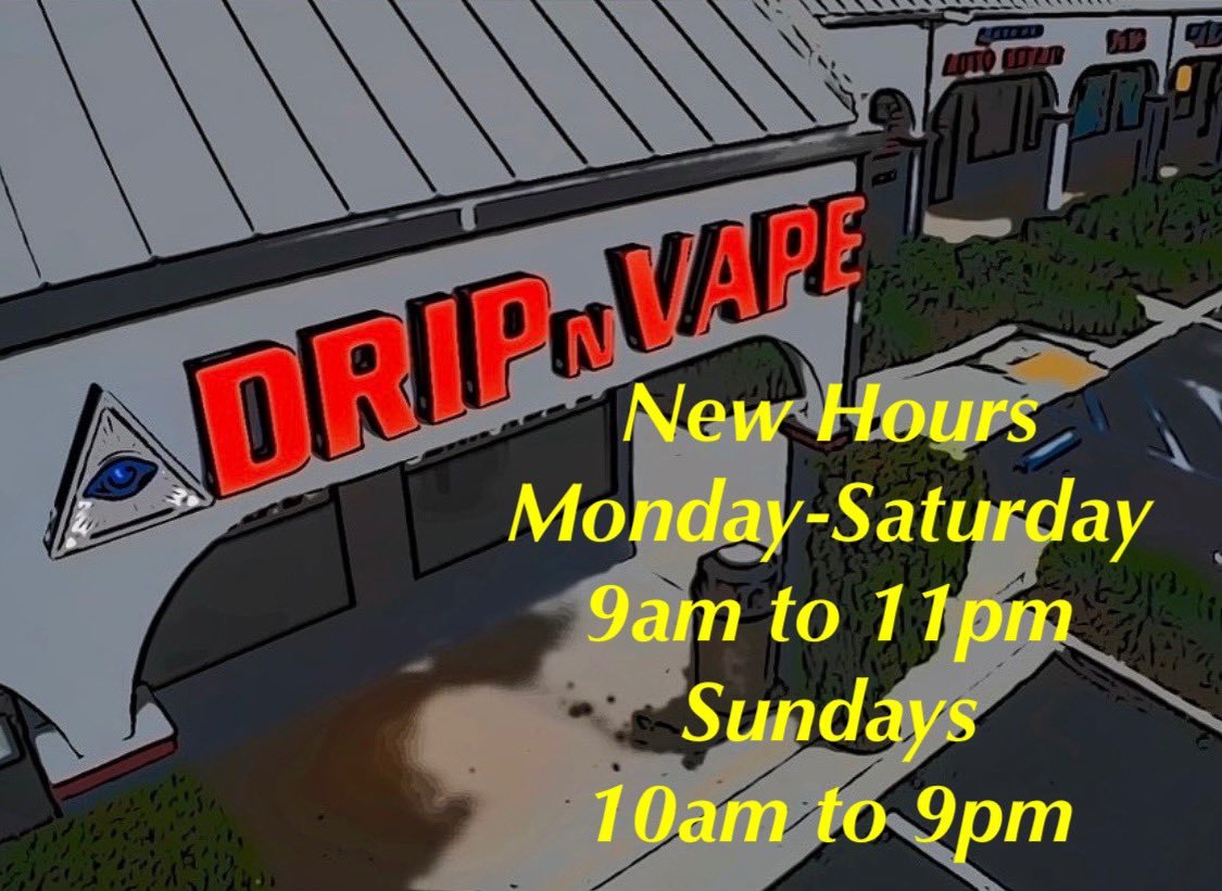 We’ve extended our DripNvape hours 🙌 Stop by and checkout our huge vape inventory #DripNvape 💦 #SantaClarita #Saugus #NewHall #CanyonCountry #VapeLove 👊😎💨💨