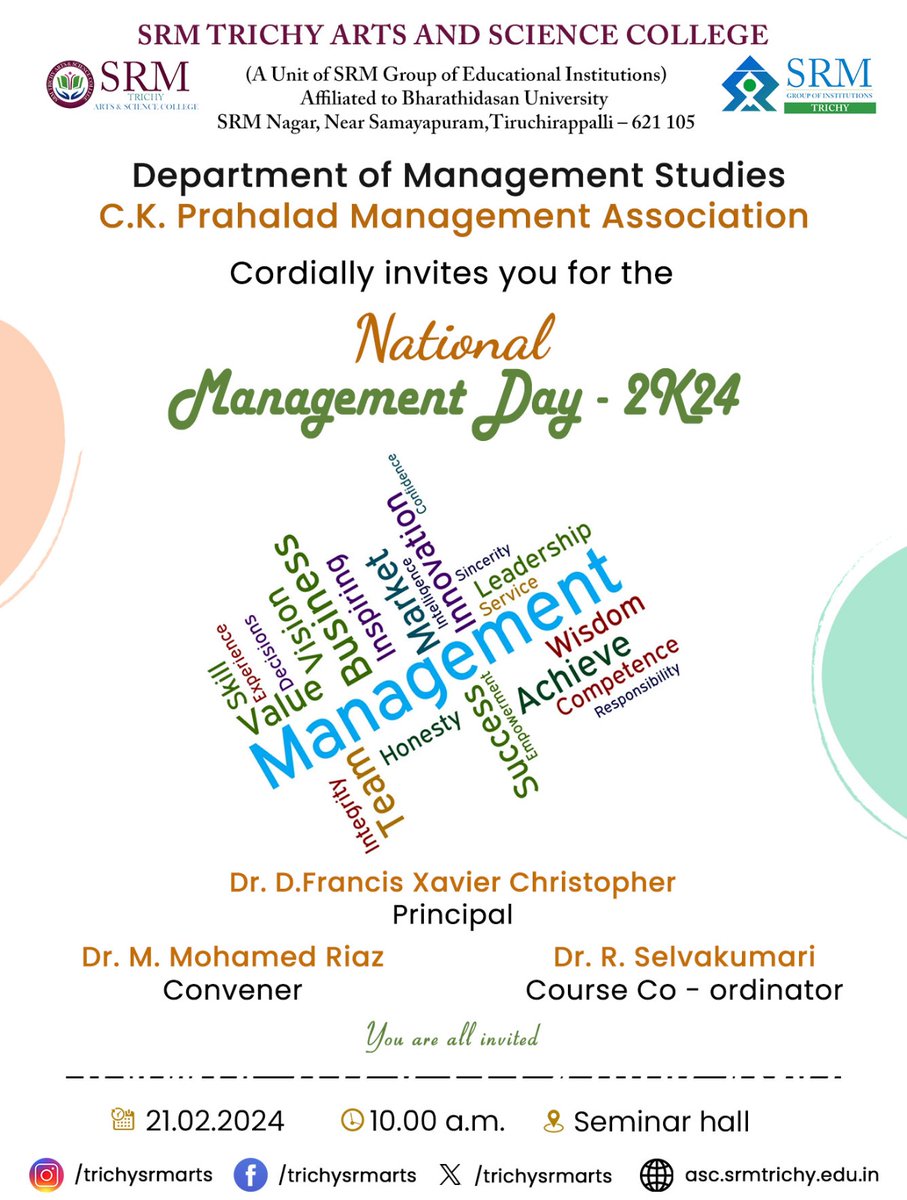 trichysrmarts's tweet photo. The Department of Management Studies of SRM Trichy Arts and Science College organises National Management Day Celebrations on 21st February 2024 in the Seminar hall at 1.30pm.
All are cordially invited

#srmasctrichy
#artsandsciencecollege
#trichysrmarts
#srmtrichyartsandscience https://t.co/Xoj9uyyhi0