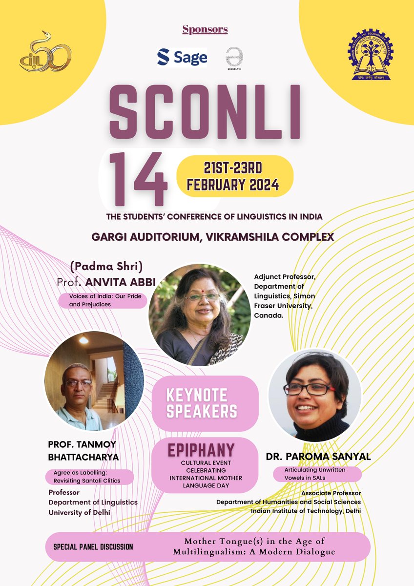 Excited to be part of 𝐒𝐂𝐎𝐍𝐋𝐈 𝟏𝟒, the premier gathering of linguistic minds in India! Join us at IIT Kharagpur from 𝐅𝐞𝐛𝐫𝐮𝐚𝐫𝐲 𝟐𝟏–𝟐𝟑, 𝟐𝟎𝟐𝟒, for insightful discussions and explorations into the fascinating world of linguistics. #sconli #LinguisticsConference