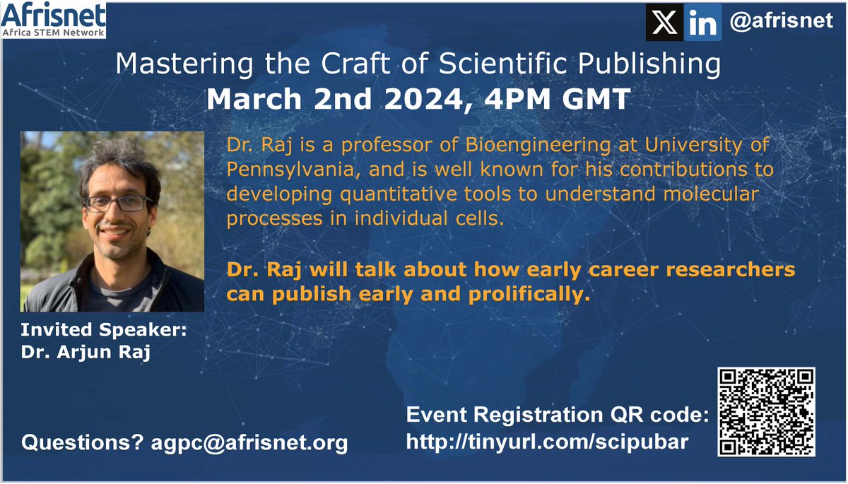 The Afrisnet Graduate and Postdoc Community (AGPC) invites you to an informative presentation by Prof Arjun Raj of U Penn, who will discuss strategies to publish earlier and more prolifically. Register for the webinar: tinyurl.com/scipubar
