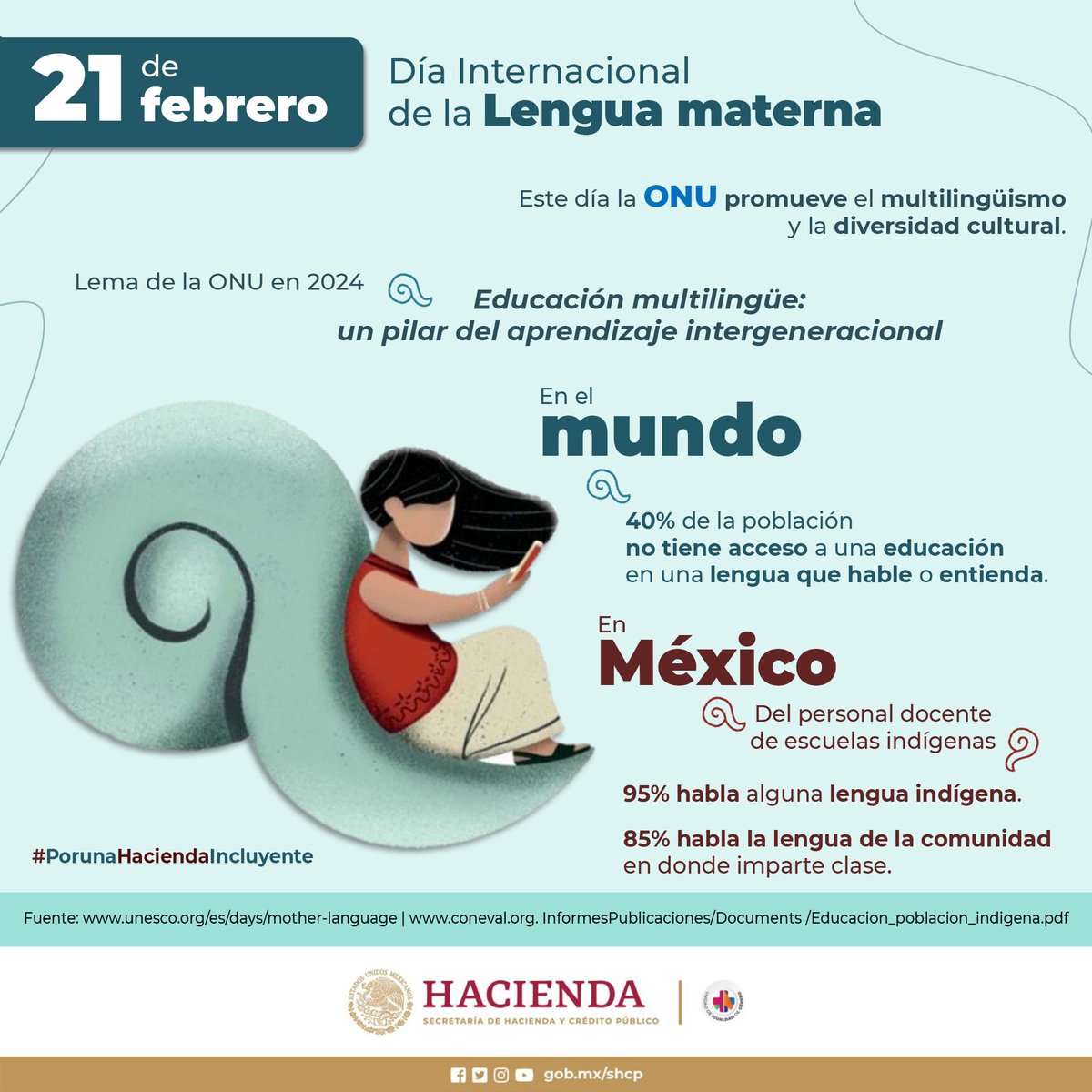 Hoy conmemoramos el Día Internacional de la Lengua Materna, para celebrar la importancia de la diversidad cultural y lingüística en las sociedades, además de fomentar la tolerancia y el respeto a los demás.

#EfemérideHacienda 🗓️
#PorUnaHaciendaIncluyente