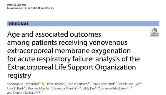 Who said Age is just a number!!! 
Bayesian analysis >27k VV ECMO patients (ELSO registry) 
increasing age a/w poorer outcomes
Association emerges as early as 30 years.
link.springer.com/article/10.100…
<a href="/GraemeMacLaren/">Graeme MacLaren</a> <a href="/FOAMecmo/">M Velia Antonini</a> <a href="/shanfernands/">Shannon Fernando</a> <a href="/yourICM/">Intensive Care Medicine</a> <a href="/ELSOOrg/">ELSO</a>