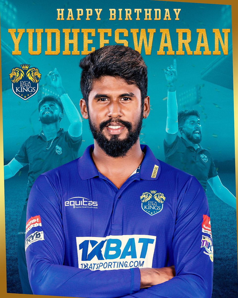 Wishing our thunderbolt #Yudheeswaran a Happy Birthday! ⚡🥳 Here's to another year with more wickets, triumphs, and memorable moments ahead! Cheers to a pace-filled celebration! 🎉🤩 #Yudheeswaran #LKK #LycaKovaiKings 👑 #TNPL 🏏 #TNPL2024