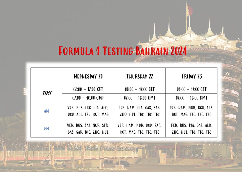 RaceWE_Schedule's tweet photo. Formula 1 Testing has officially started and here is your schedule 🔥🔥
Updated versions for drivers will be posted below.🙈
Make sure to tune in but don't forget:
it's only testing 😉
#F1 #Formula1 #Formula1Testing #Bahrain #BahrainGP #F1Testing https://t.co/cHVV2tWxUX