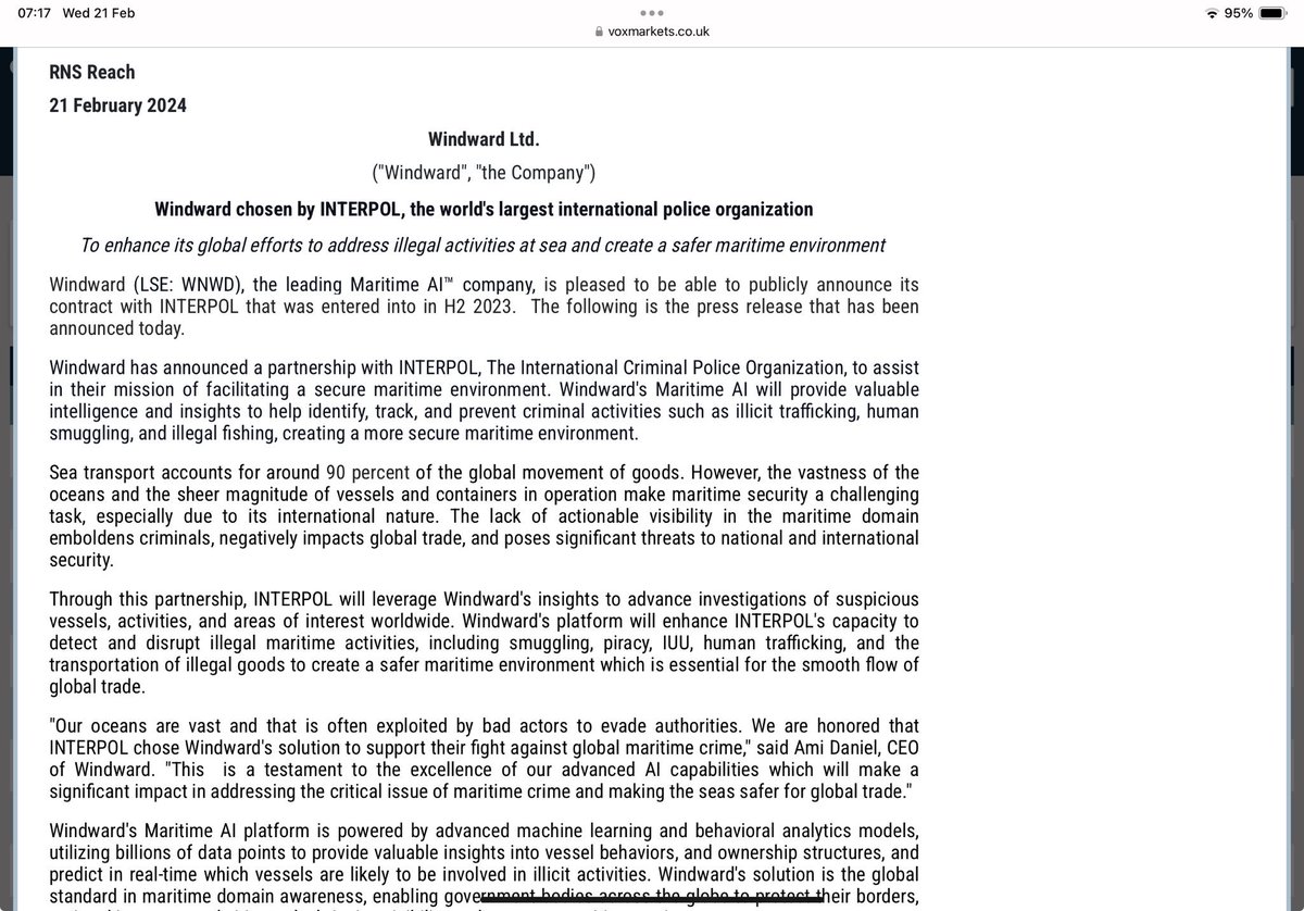 reb40's tweet image. #WNWD An RNS Reach to say they’re working with Interpol who’ll be using their Maritime AI to assist with maritime crime

No duration or financials as it’s a Press Release but good PR/ visibility for the company
I hold