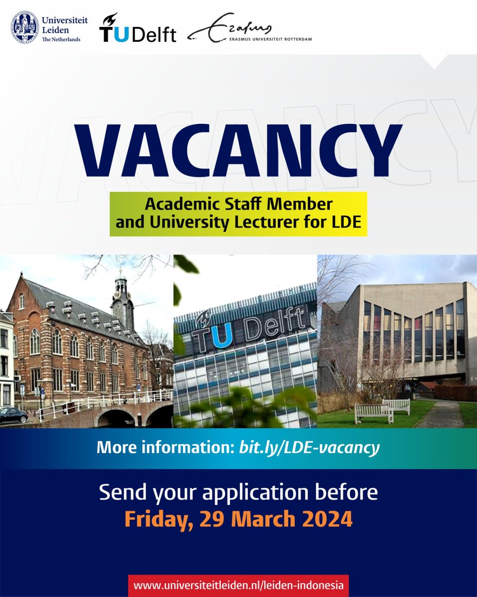 WE ARE HIRING!

The Office of Leiden University in Indonesia open vacancy for an Academic Staff Member and University Lecturer for LDE (Leiden-Delft-Erasmus Universities).

For more information: bit.ly/LDE-vacancy