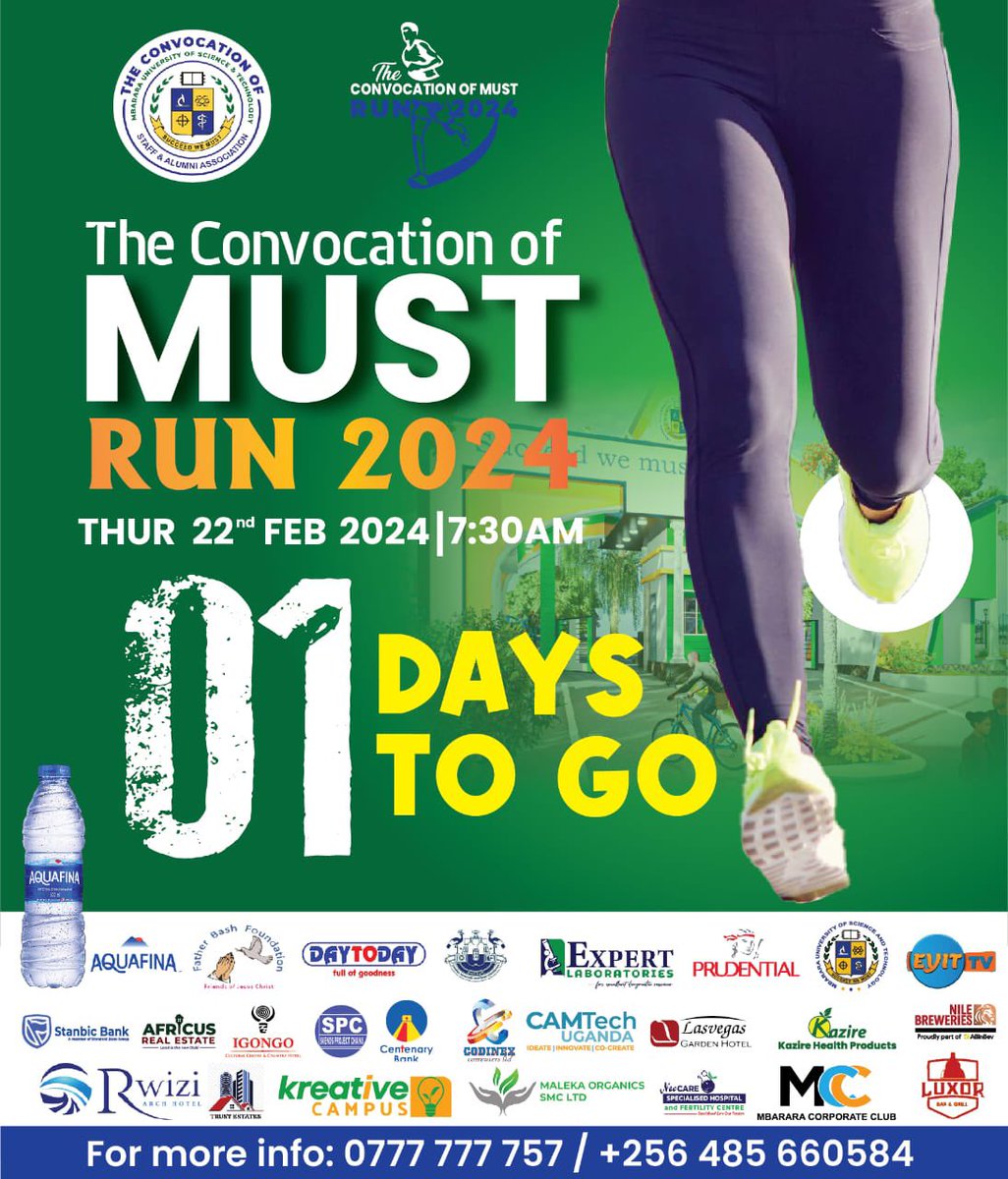 alumni_MUST's tweet photo. Only 1️⃣ day left to the 1st 
#MUSTConvocationRun.  Let’s turn up in bigger numbers and add more to the success of our great institution @MbararaUST 
“Succeed We MUST” 💪💪 https://t.co/3wZqUv7c68
