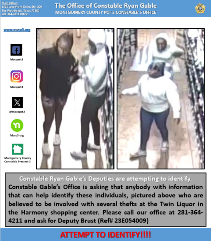 mocopct3's tweet photo. **** ATTEMPT TO IDENTIFY ****
Constable Ryan Gable's deputies need assistance identifying these persons; related to thefts at the Twin Liquor located near the Harmony community in Spring, Texas. #mcco3 #criminalbehavior #attempttoidentify https://t.co/55a5iF8UTo