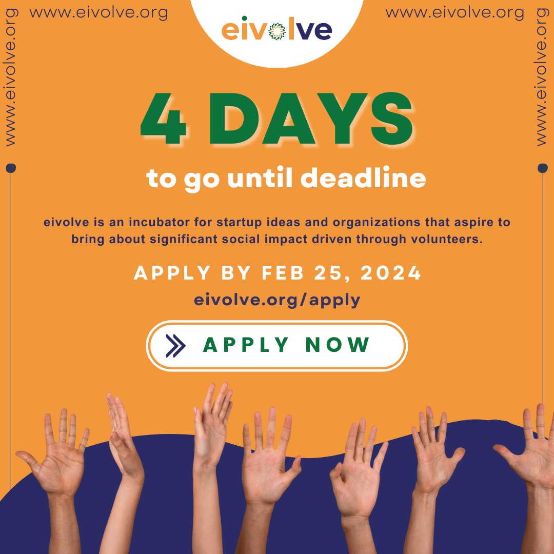 Apply : eivolve.org/apply
---
Hurry, time is ticking! Just 4 days left to apply. Don't miss out on the chance to be a part of India's only volunteering incubator 🚀

#opportunity #incubation #socialimpact