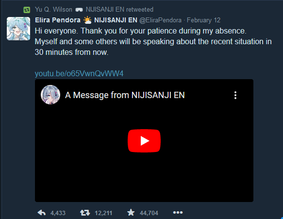 MilleniaAntares's tweet photo. @YuQWilson Yeah, I learned from my favorite dramatubers: @NIJISANJI_World and @EliraPendora , the latter of whose slanderous and bullying stream you uncritically  retweeted and without later remorse. Selen could have died, and you joined in on a gang beating... to save your job? https://t.co/nUICc9C0ms