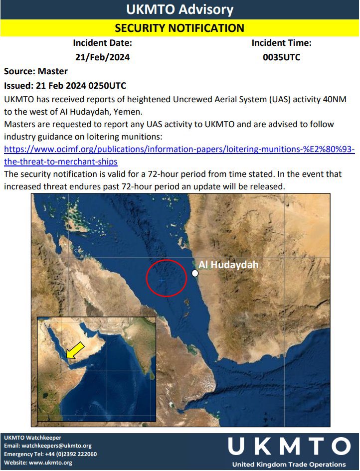 JustWilliam1297's tweet photo. A 72 hour UKMTO alert covering the current position of the decreasingly "mighty" Ike ๐ข๐
#RedSeaBlockade
#Yemen #Yemeni ๐พ๐ช
#FreePalestineFromIsraeINOW
#AmericanTerrorism https://t.co/MC37NJEi2q