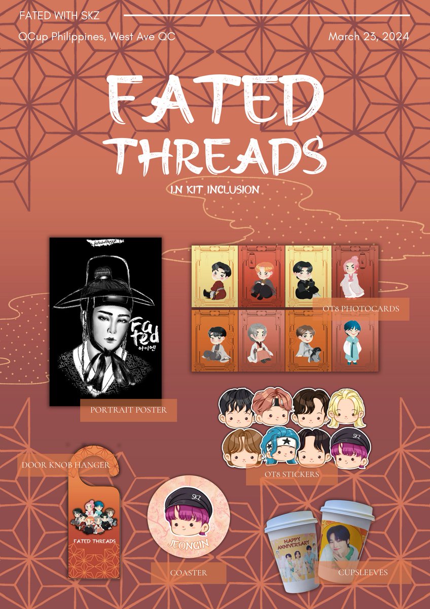 fatedwithSKZ's tweet photo. Hey Stays! Big news 🎉 To celebrate our 6th anniversary and the boys' birthdays, we're offering a special deal on our “Fated Threads” Cupsleeve event.

Now only 180 pesos instead of 250!

And yes, this includes everything you see in the kit in the image.

PLUS, the first 20 to register score FREE access to BeyondLive Fanmeet and a special surprise gift.

Ready? Register here: https://t.co/C2s2YoMSkK

Can’t wait to celebrate with you!

#fatedwithSKZ #FatedThreads #SKZcupsleeveph
