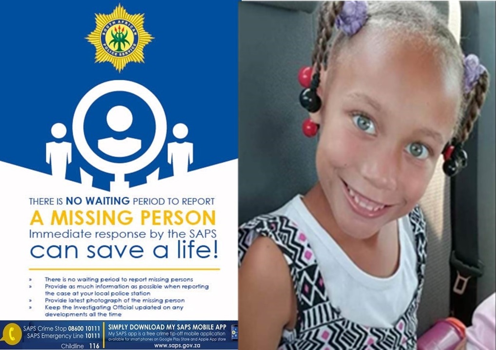 SAPoliceService's tweet photo. #sapsWC #Missing six-year-old Joshlin Racheline disappeared on Monday morning, 19/02 at 09:00. She was last seen at Middelpos, Saldanha. She was wearing a blue t-shirt and blue denim trouser.
Anyone with information, please contact Investigating Officer on 021 714 8617, or Crime Stop on 08600 10111 or report anonymously on the My SAPS App. NP