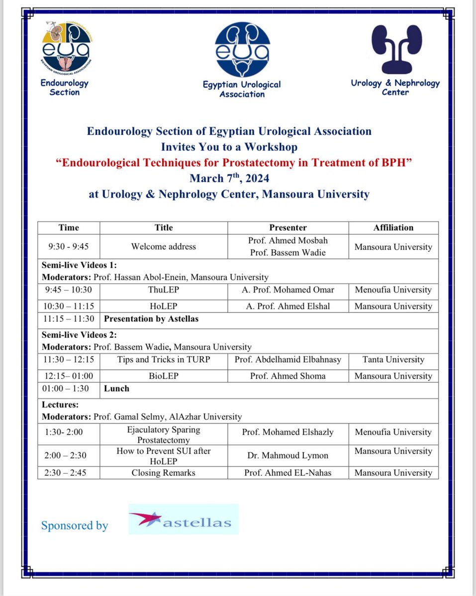 “Endourology &amp; prostate “👌
Egyptian Endourology section workshop⚔️ on March 7th🏃‍♂️
at Urology &amp; nephrology center , Mansoura , Egypt 🇪🇬 
You are all invited 🙌