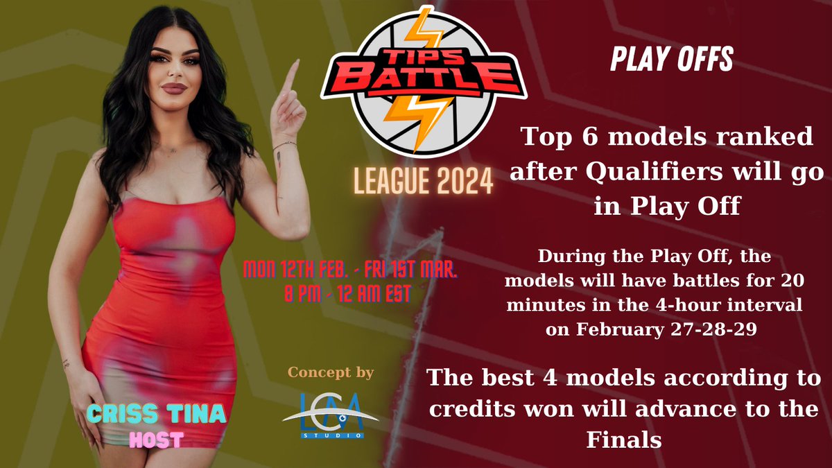 TipsBattles's tweet photo. Play Off`s of #TipsBattleLeague Feb 2024 will start on Mon 26th till Thu 29th Feb
6 Models will fight for Finals during 20 mins #battles
Make sure you will check the #TipsBattle room @Flirt4Free for Live Battles Everyday starting 8 PM Est
https://t.co/bcoYn0SvBH
Concept by @LCMStudio
#flirt4free