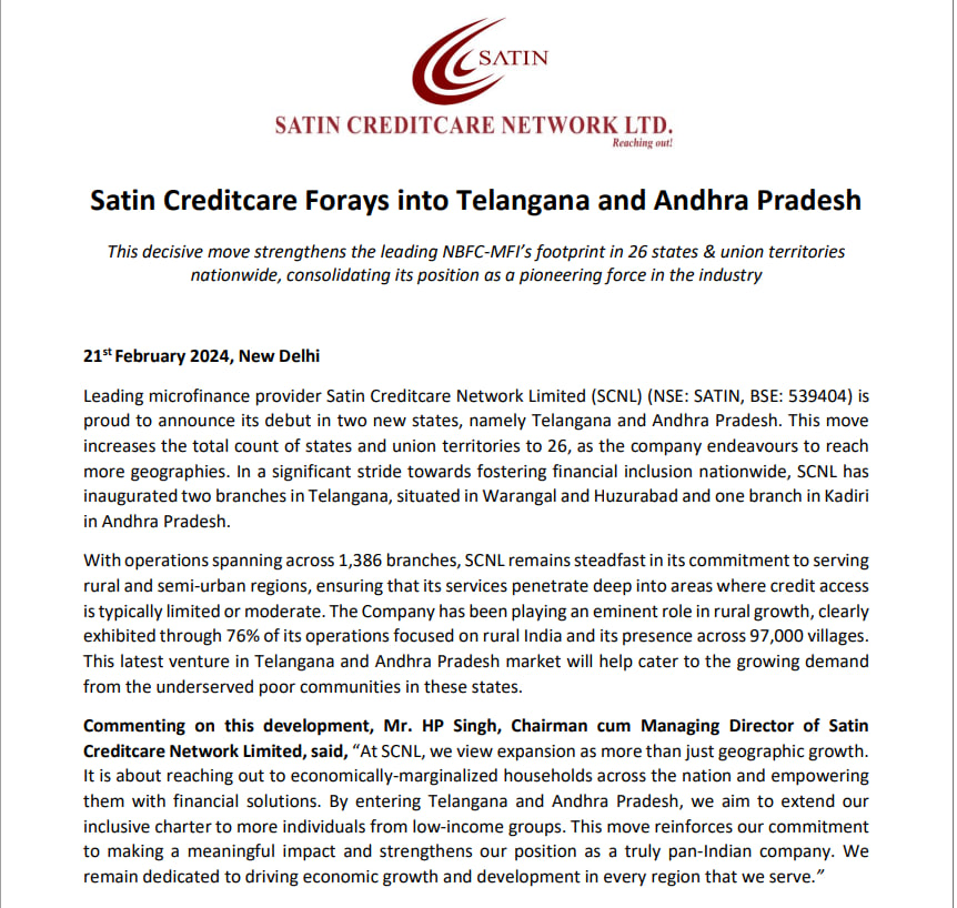 MarketVedantA's tweet photo. Satin Creditcare Forays into Telangana and Andhra Pradesh

#Satin_Creditcare #Forays #Telangana #AndhraPradesh https://t.co/nKJgZ1BCD8