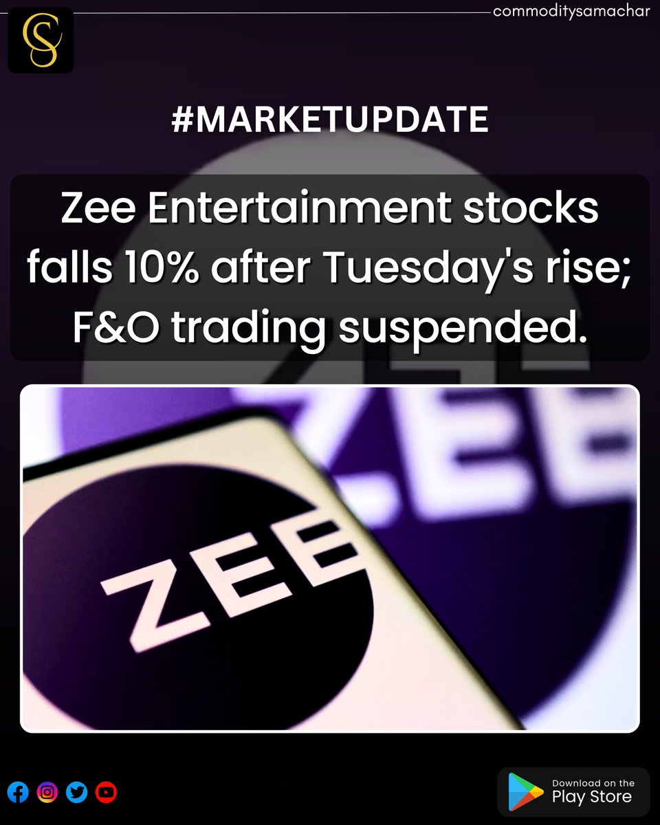 comm_samachar's tweet photo. Zee Entertainment stocks falls 10% after tuesday's rise; F&O trading suspended.
#marketupdate #zeeentertainment #stockmarket #stockmarketnews #BreakoutStock #economicdata #marketanalysis📈 #commoditysamachar https://t.co/L0VZvnlpoX