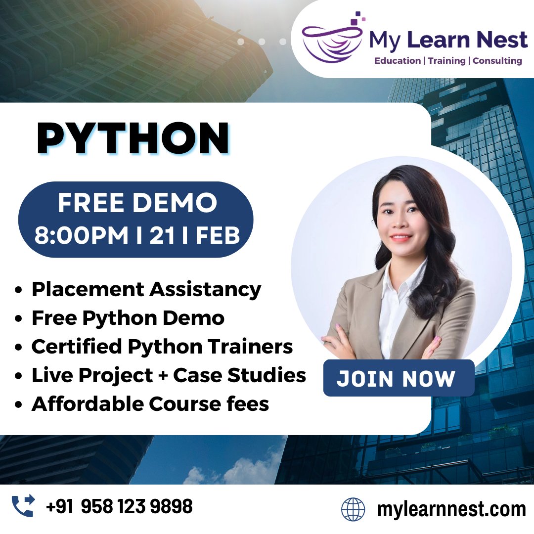 MylearnNest's tweet image. Learn Python with experts
Today Free Demo at 8:00 PM
For WhatsApp wa.me/919581239898 Or Call 📞+91 958 123 9898
#Pythonapplications #python #pythonfreedemo #pythonprogramming #pythontutorial
#pythoncourse #pythonfullstocktraining #mylearnnest #mylearnnesttraininingacademy