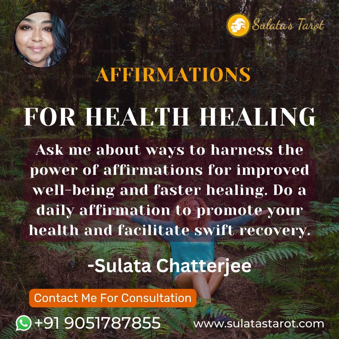 SulataTarot's tweet photo. Affirmations For Health Healing
Ask me about ways to harness the power of affirmations for improved well-being and faster healing.
https://t.co/dtkL95m4yw
#healing #tarotreading #meditation #lifeproblem #health #healingbenefits #affirmations #healthy #gym #fitness #fitnesstips https://t.co/O5Qer3LmVF