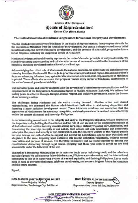 Over 50 lawmakers from Mindanao, including 3 partylist representatives reject ex-President Rodrigo Duterte's call for secession.

"The path to a prosperous Mindanao lies not in secession but in unity, inclusive growth, and the relentless pursuit of peace," their manifesto reads.