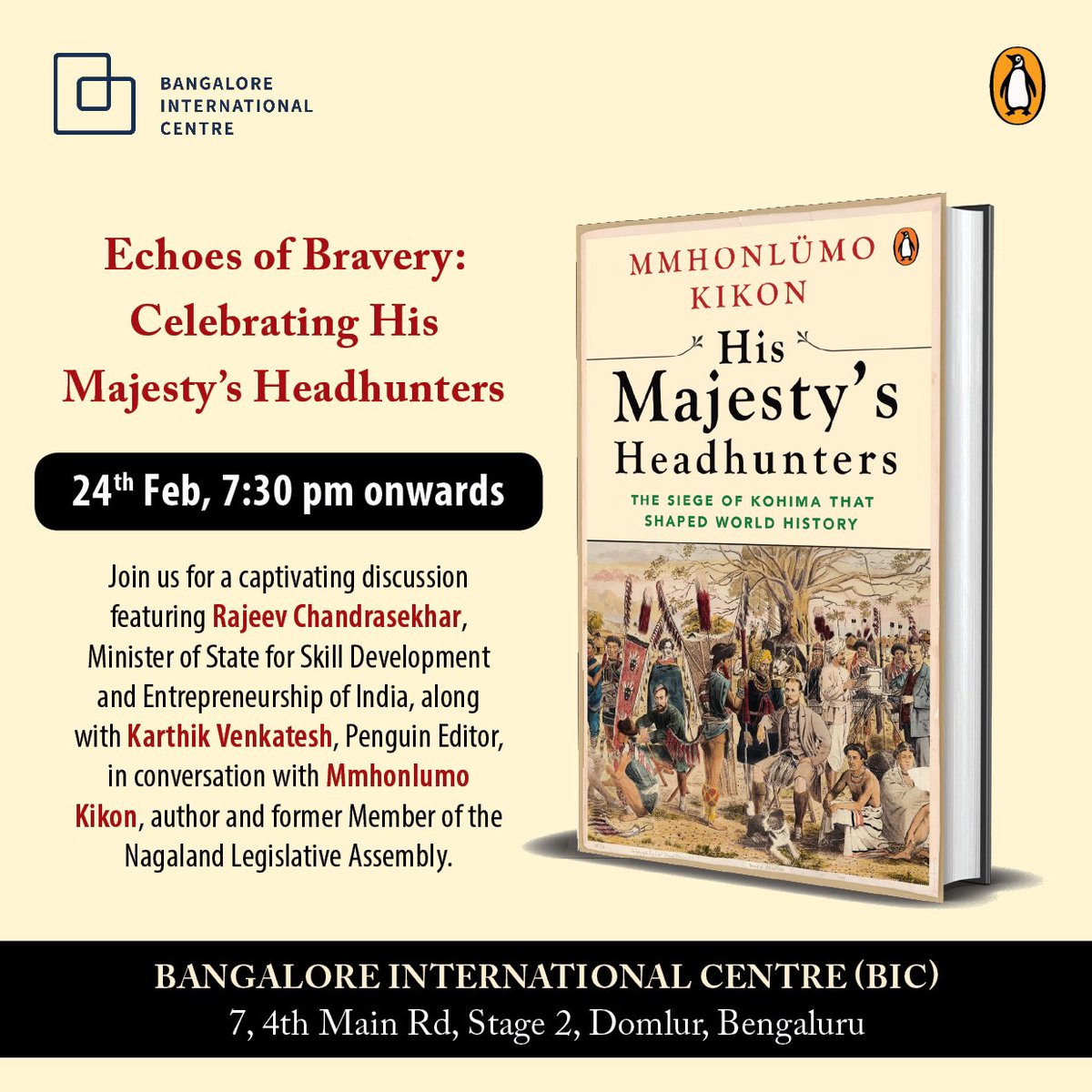 I will be in Bangalore on the 24th February for a discussion on my book “His Majesty’s Headhunters” with Hon Union MOS <a href="/Rajeev_GoI/">Rajeev Chandrasekhar (Parody)</a> ji as the Special Guest, to be moderated by <a href="/karthik_venk/">Karthik Venkatesh (‏‎‎ کارتِک وینکٹیش, ਕਾਰਤਿਕ)</a> at the Bangalore International Centre! Do join us if you are around!