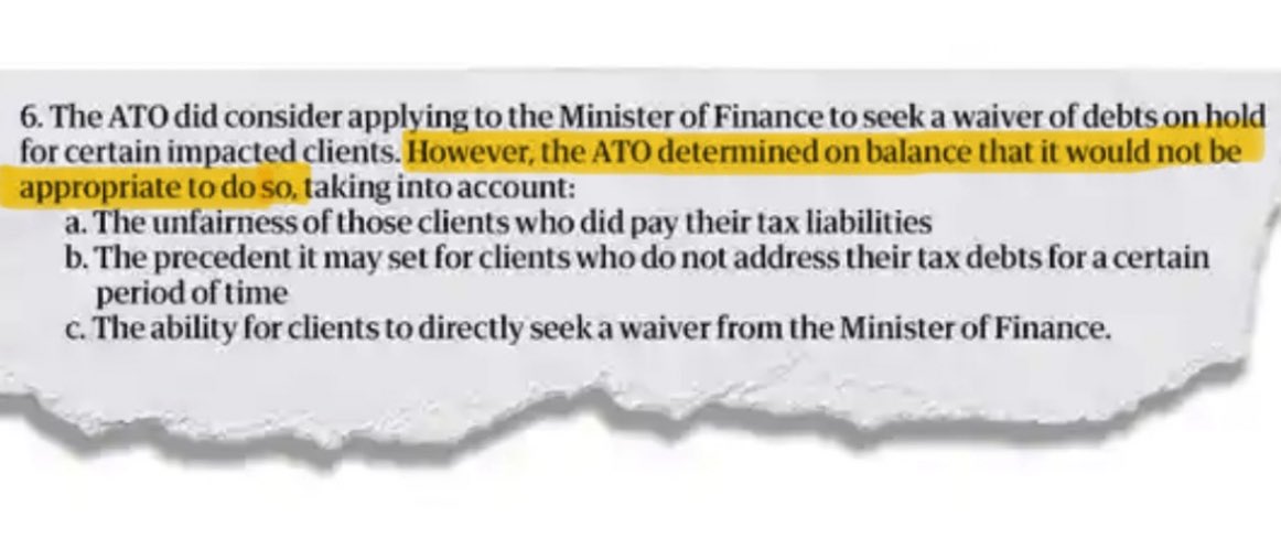 So according to FOI docs (attached) ATO decided it would “not be appropriate” to seek a waiver of RoboTax debts to Minister

Sounds like a #NPC appointment has changed things, as Jordan now says they’re “considering” asking Minister, after an initially deciding not to do so👇