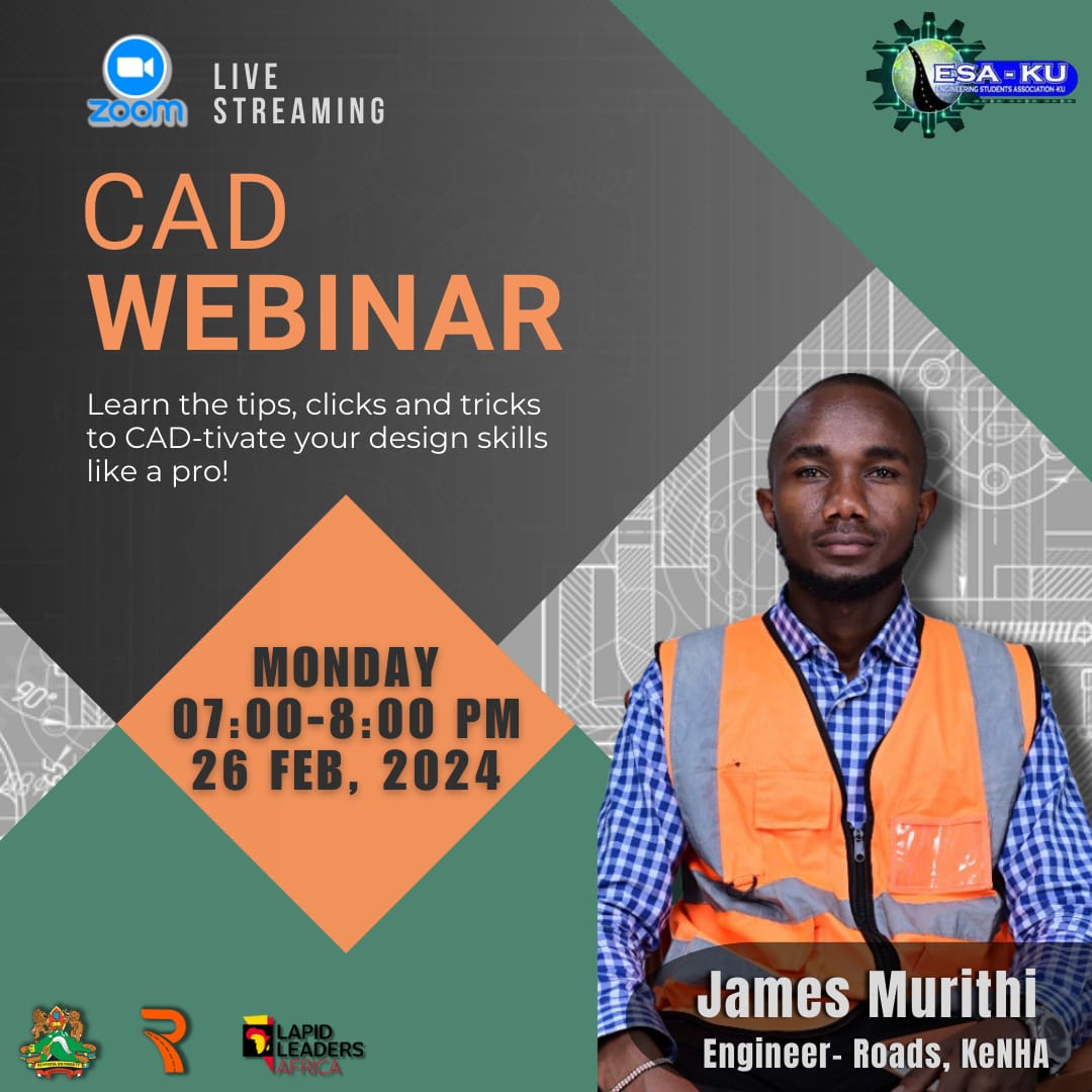 Hello design enthusiasts!

Are your CAD skills collecting dust? 🥲
Fear not, for *Monday, February 26th* brings salvation! Join the FREE CAD webinar with *James Murithi (Engineer-Roads* at *KeNHA* ), the Gandalf of geometric wizardry. ✨ 
#esa#kenyattauniversity #Engineering