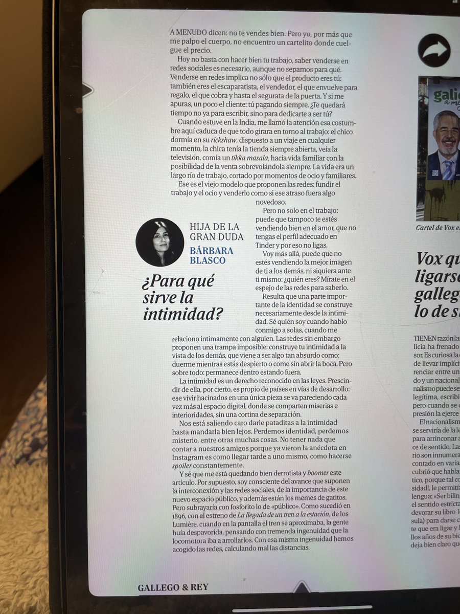 No puedo estar más de acuerdo! Gracias ⁦#BárbaraBlasco por recordarnos que si perdemos la intimidad perdemos nuestra esencia. Hoy en ⁦<a href="/elmundoes/">EL MUNDO</a>⁩