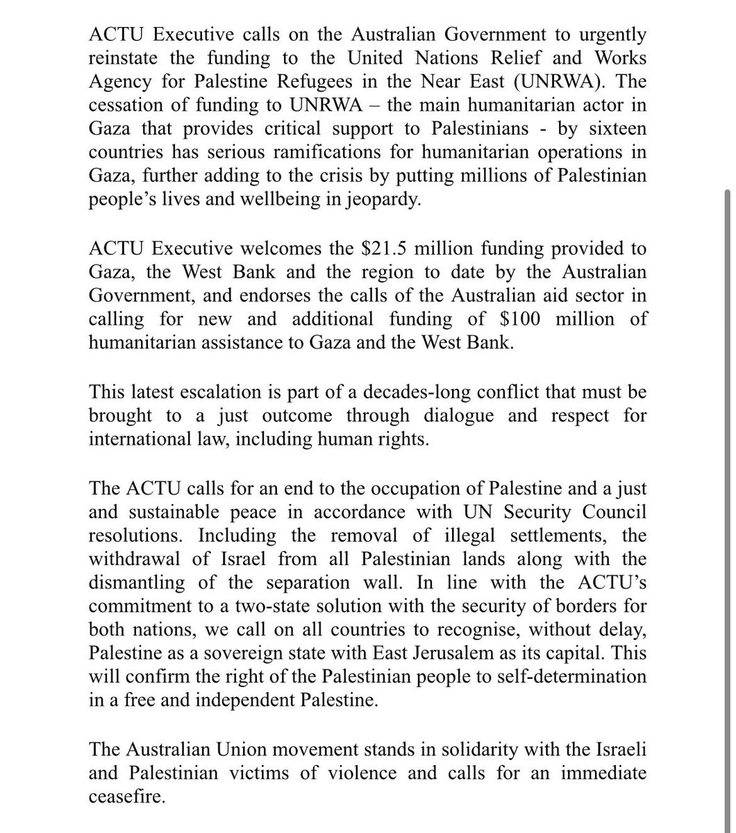 ACTU Executive calls for increased action to ensure an urgent & lasting ceasefire in Gaza. The Australian Union movement is a movement of peace & respect for all races & nationalities. We oppose war, racism & oppression. We act in solidarity. Full resolution here 👇🏽#ceasefirenow