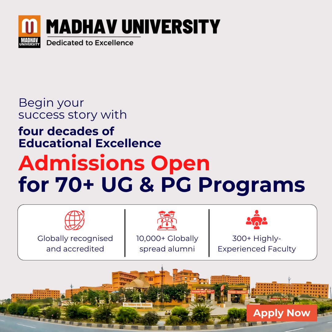 🌟 Madhav University: 12 Years of Excellence! 🎓 Admissions Open!
Apply now and shape your future with Madhav University! 🌟 #MadhavUniversity #AdmissionsOpen #EducationalExcellence #SuccessStory 🎓