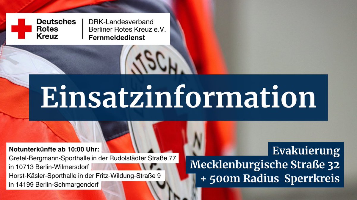 Heute unterstützen wir <a href="/PolizeiBerlin_E/">Polizei Berlin Einsatz</a> und <a href="/bacwberlin/">Bezirksamt Charlottenburg-Wilmersdorf</a> bei der Evakuierung und Unterbringung von Betroffenen im Rahmen der Entschärfung einer #Weltkriegsbombe in #Schmargendorf.

#DRK #Ehrenamt #B2102