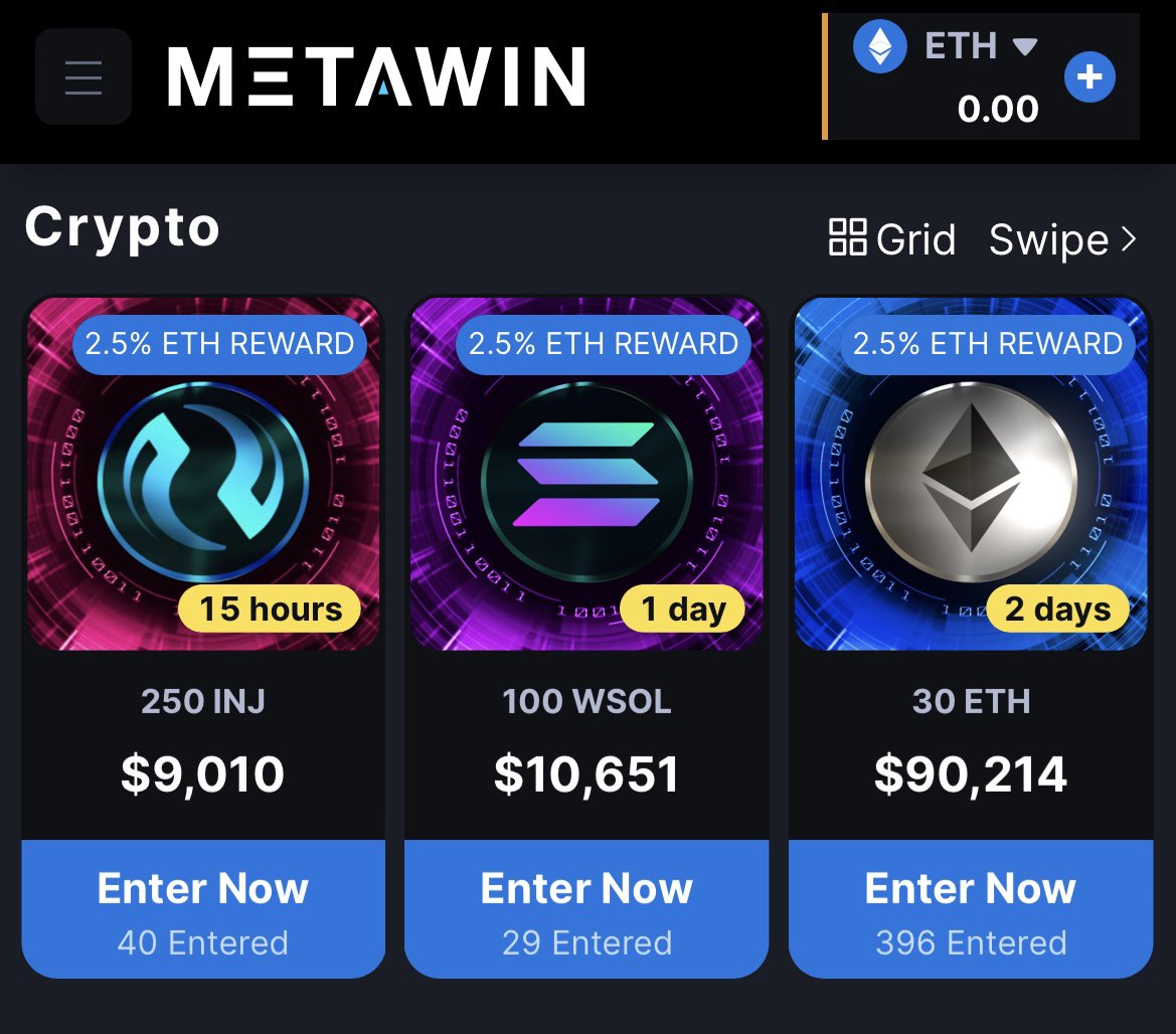 ‘Razo75’ currently has the highest odds to win our $9,000 $INJ competition on metawin.com with 51 entries 👀

Comment your MetaWin username below &amp; you might just receive some $ETH to enter our newest competitions! 👇