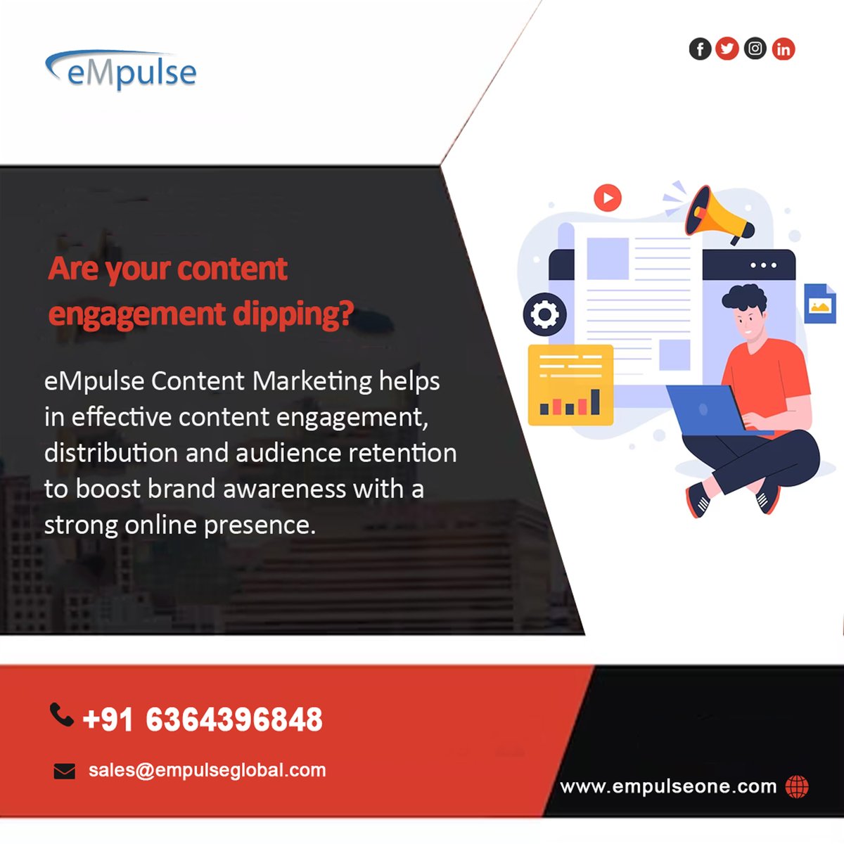 Are your content engagement dipping? eMpulse Content Marketing helps in effective content engagement, distribution and audience retention to boost brand awareness with a strong online presence. Visit: empulseglobal.com #empulseglobal #ContentMarketing #connectengagement