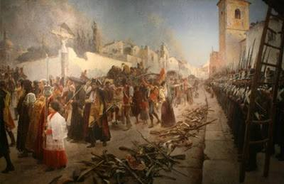 gozARTE's tweet photo. TAL DÍA COMO HOY... En 1809 los franceses entraron en #Zaragoza. En su 'Diario', Jean #Belmas describió así lo ocurrido: "La ciudad presentaba un escenario espantoso. Se respiraba un aire infecto que sofocaba. El fuego, que todavía consumía numerosos edificios, cubría la atmósfera con un espeso humo. Los lugares a los que se hab��an conducido los ataques no ofrecían más que montones de ruinas, mezcladas con cadáveres y miembros esparcidos. Las casas, destrozadas por las explosiones y el incendio, estaban acribilladas por aspilleras o por agujeros de balas, o derrumbadas por las bombas y los obuses, el interior estaba abierto por largos cortes para las comunicaciones. Los fragmentos de tejados y de vigas suspendidas amenazaban con aplastar, en su caída, a quienes se aproximasen (...) Los hospitales estaban abandonados; y los enfermos, medio desnudos, erraban por la ciudad como sombras lívidas que salían de las tumbas, expiraban en medio de las calles. La plaza del Mercado Nuevo ofrecía un espectáculo desolador: gran número de familias cuyas casas habían sido invadidas o destruidas, se cobijaron bajo las arcadas; allí, los viejos, las mujeres, los niños yacían mezclados sobre el pavimento, con los moribundos y los muertos. En este lugar de sufrimiento no se oían más que los gritos arrancados por el hambre, el dolor y la desesperanza".
En la capitulación se especificaba que "todos los habitantes de Zaragoza y los extranjeros, si los hubiere, serán desarmados por los alcaldes y las armas puestas en la puerta del Portillo el 21 a mediodía", y eso es precisamente el momento que se ve en este cuadro.